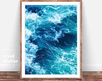 Ocean Waves Print, Sea Photography, Ocean Water Wall Art, Large Poster, Beach Decor, Printable Download, Modern Coastal Decor, Blue Wall Art