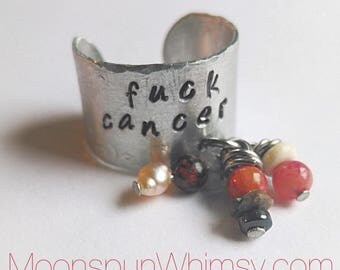 Stamped FUCK CANCER adjustable ring. Survivor. Handmade, cuff-style, open back. Fight like a girl. Gift. Jasper, hematite, pearl, malachite.