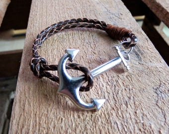 brown leather bracelet anchor, brown braided leather bracelet with silver anchor clasp
