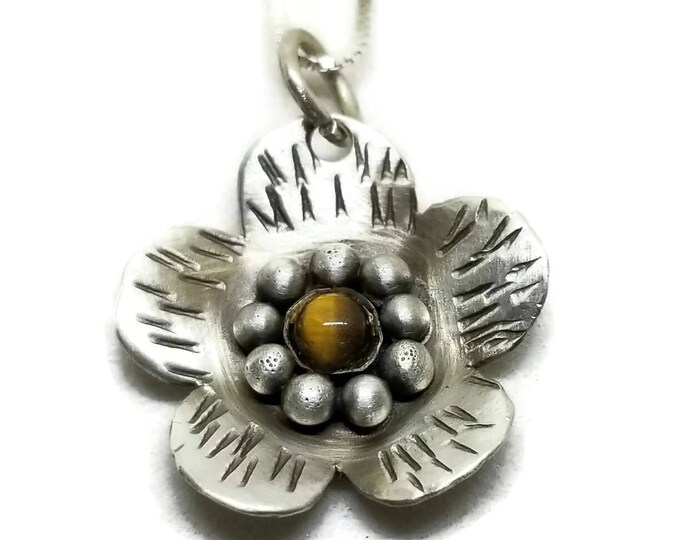 Sterling Silver Tiger's Eye Gemstone Necklace, Sterling Silver Flower Pendant, Unique Birthday Gift, Gemstone Pendant, Gift for Her