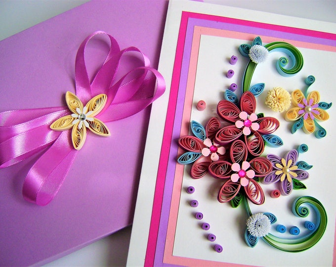 Birthday Flowers,Quilling handmade card,Happy Birthday Purple,Wild Flower Birthday,Quilling Card in a Box,Greeting card,paper quilling card