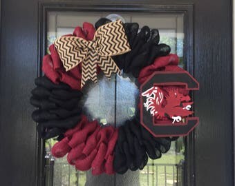 Burlap Wreath burgundy and black burlap; University of South Carolina wreath, USC wreath ; everyday wreath