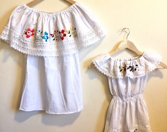 Mommy and Me Outfit Hand Embroidered Campesino Blouse & Dress White Color with colorful Flowers