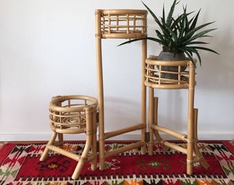 70s rattan bamboo flower stand