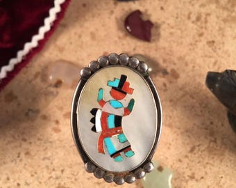Vintage Zuni Multi Stone & Sterling Kachina Dancer Inlay Ring Size 10.5