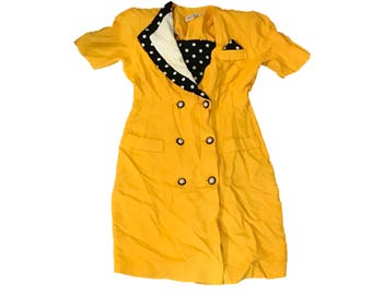 Vintage 80s Yellow Black and White Dress, Polka Dot, Major Shoulder Pads