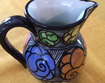 Vintage Mid Century Modern Made/marked Spain pottery art Pitcher/blur/orange/yellow/pink/black
