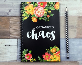Writing journal, spiral notebook, bullet journal, cute journal, diary, sketchbook, black, floral, blank lined grid - Organized chaos