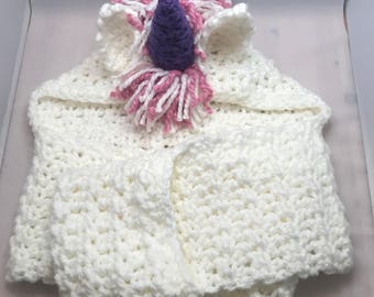 Unicorn Hooded Crochet Scarf * with pockets * Snuggly and warm