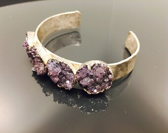 Purple Amethyst Stalactite Flower Bracelet 5 Micron Hammered Silver Statement Cuff Unique Gemstone Healing Crystal Chic Birthday Gift Pride