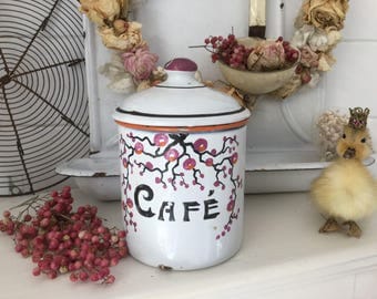 Antique storage jar 'Café', enamel, shabby