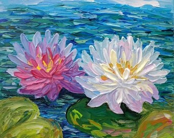 Flower Painting, Original Abstract, Acrylic Canvas, Impasto Painting, White Floral Art, Waterlilis Painting, Impressionist Textured painting