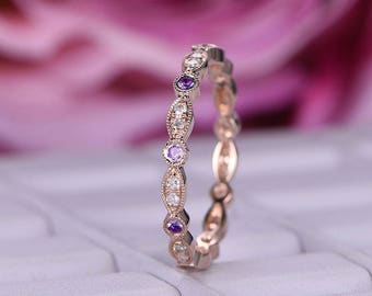 Natural Amethyst Wedding band/14k rose gold/Full eternity edding ring/Art deco Marquise/Anniversary ring/Milgrain edge/Stacking Band/Pave