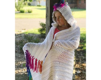 Hooded Unicorn Blanket, Rainbow Unicorn Gift, Pegasus Blanket, Baby Blanket With Hood, Crochet Toddler Blanket, Unicorn Birthday, Girls Gift