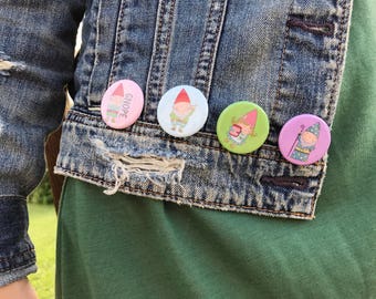 Four Pack, Plantasia Friends Pinback Button Set, Gnome Button, Wizard Button, Artsy Pinback Button