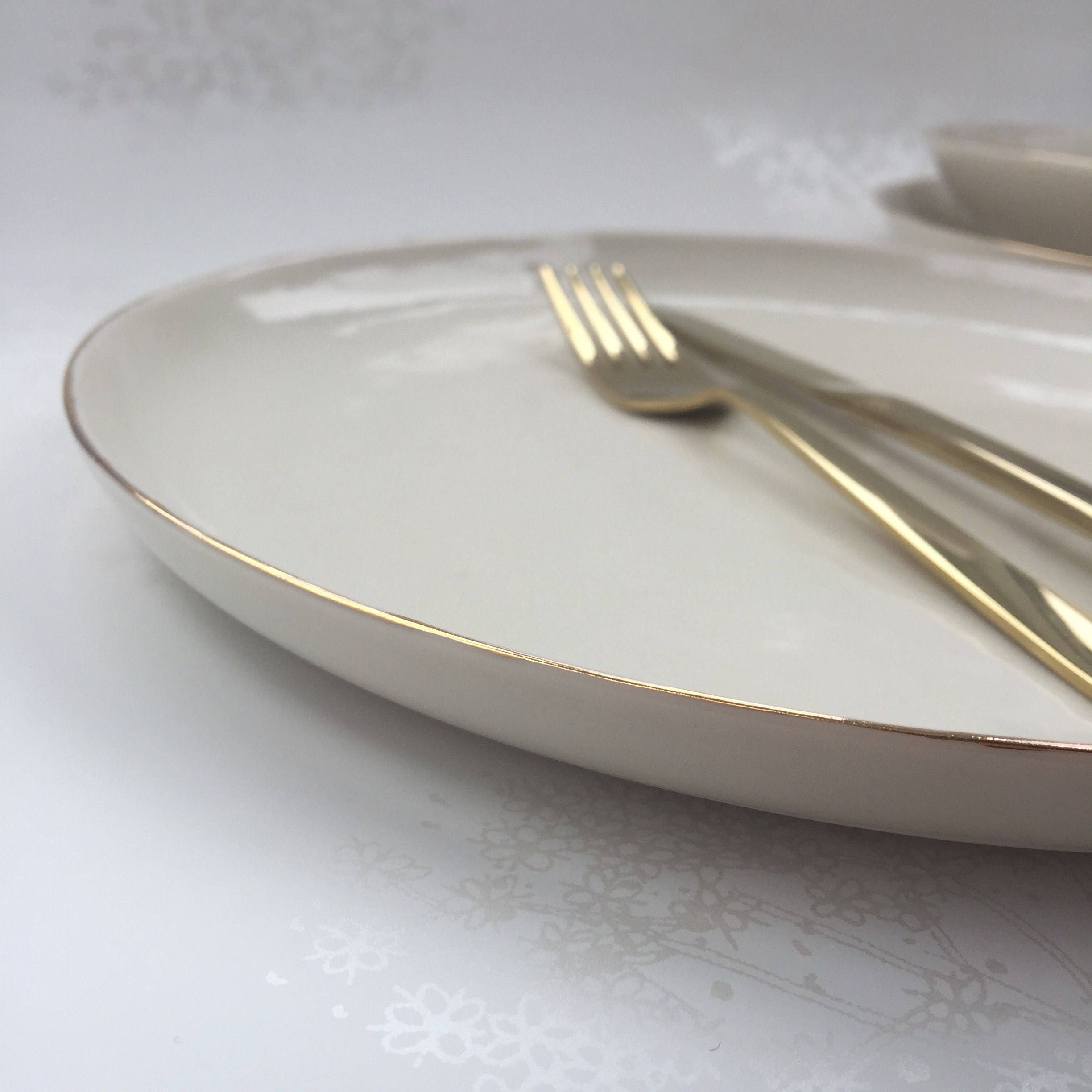 Gold Rimmed Ceramic White Plate. Large Glazed Porcelain Dinner