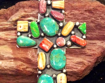Native American Jewelry Vintage Turquoise, Orange Spiny Oyster, Purple Spiny Oyster Cluster Cross Hallmarked