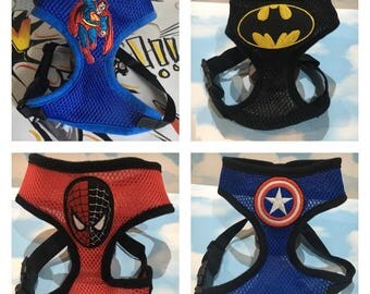Customised superhero fabric mesh dog harness - Superman - Batman - Captain America - Spiderman - Iron Man - DC - Marvel. Summer cool