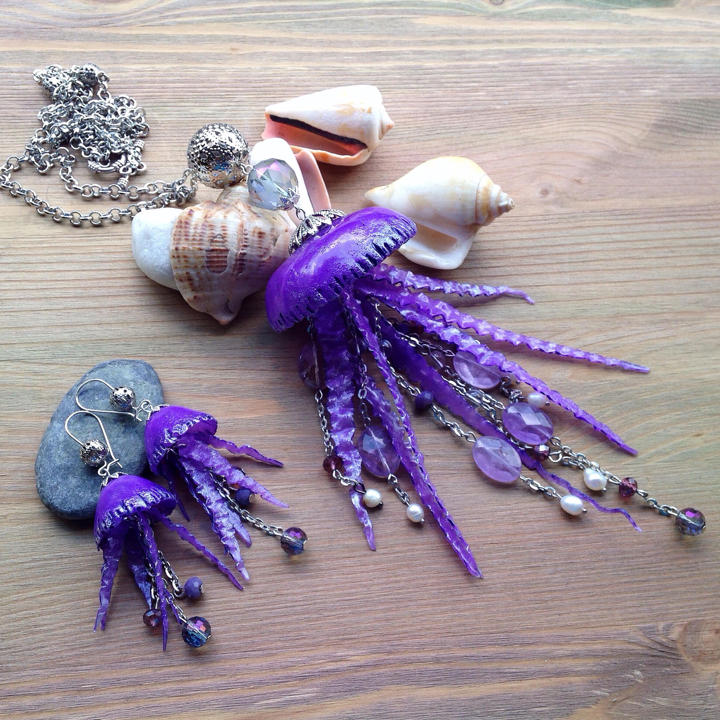 Unique purple jellyfish jewelry set with gemstones & pearls
