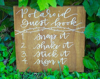 Guest Book Wood Sign - Wood Sign, Wedding Sign, Polaroid Guest Book Sign, Hand Lettered Sign, Wedding Decoration,