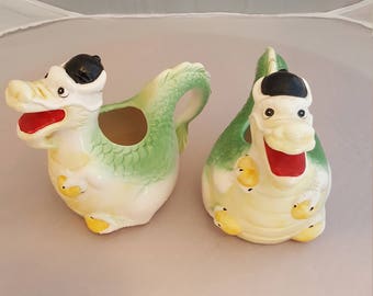 Vintage Kitschy Dragon pitcher/planter/vase set of two