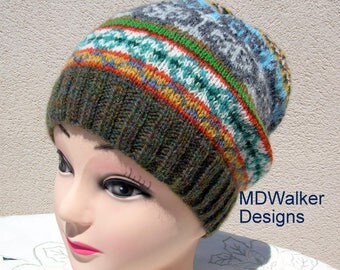 Owl design, Hand knitted Hat, Fair isle Beanie, JC Rennies Yarn, Brown, Aqua, Grey, Unisex Hat, Slouchy Hat ,M D Walker Designs, Size Medium