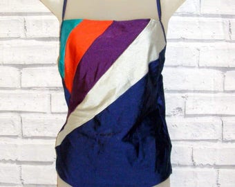 Size 14 vintage 80s swimming costume criss cross back navy/multi stripes (IB43)