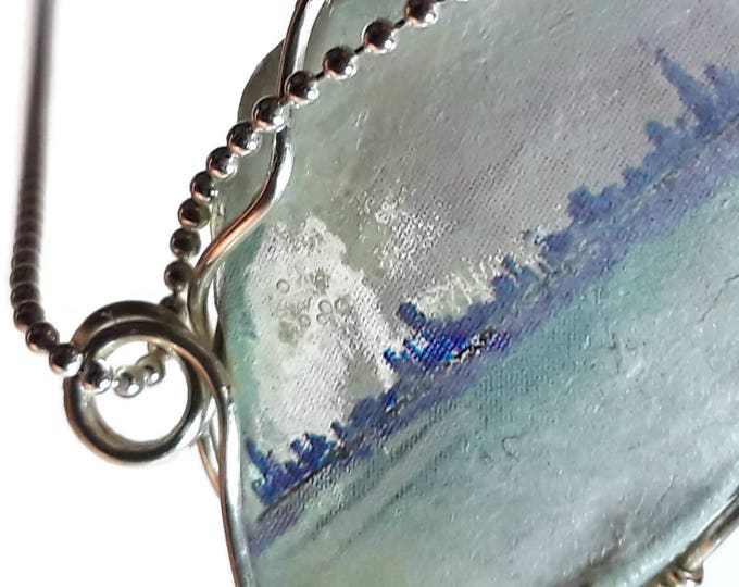 Beach glass jewelry women - Wire Wrap Beach Scene Beach Glass -Lake Michigan - Tiny image of Chicago Skyline - Sterling Silver Chain