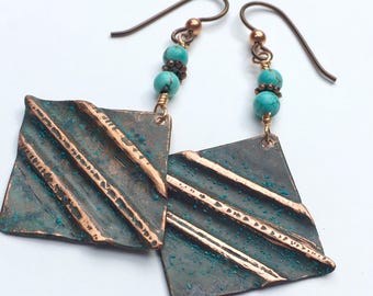 Copper Fold Formed Earrings with Verde Green Patina and Turquoise Beads