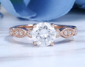 Art deco Moissanite engagement ring set vintage Rose gold Half eternity Diamond wedding women Marquise Delicate milgrain antique Anniversary