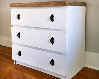 3 drawer dresser, white console, wooden top side table, distressed coffee bar, farmhouse cabinet, chalk painted drawer, country nightstand