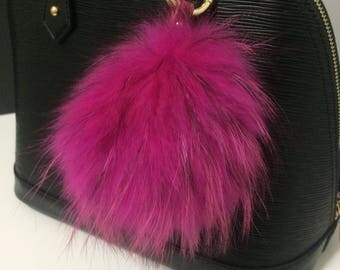 Large Fur Ball Keyring, Fuchsia, Hot Pink Real Genuine Raccoon Fur Pom pom Keyring, Real Fur Poms, Fur Ball, Fur Bobble,Fur Puff,Fur Keyring