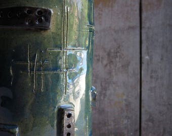 Ceramic Art Brut Vase, Industrial Green Ceramic Vase, Handmade Pottery, Abstract, Manly, Masculine Urban Decor, Gift for Men, Rustic, Rugged