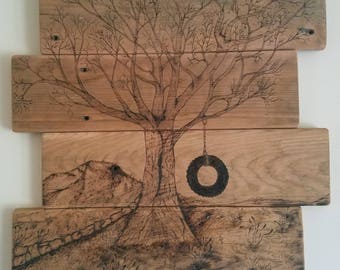 Original Wood Burning Art of Tree with Tire Swing