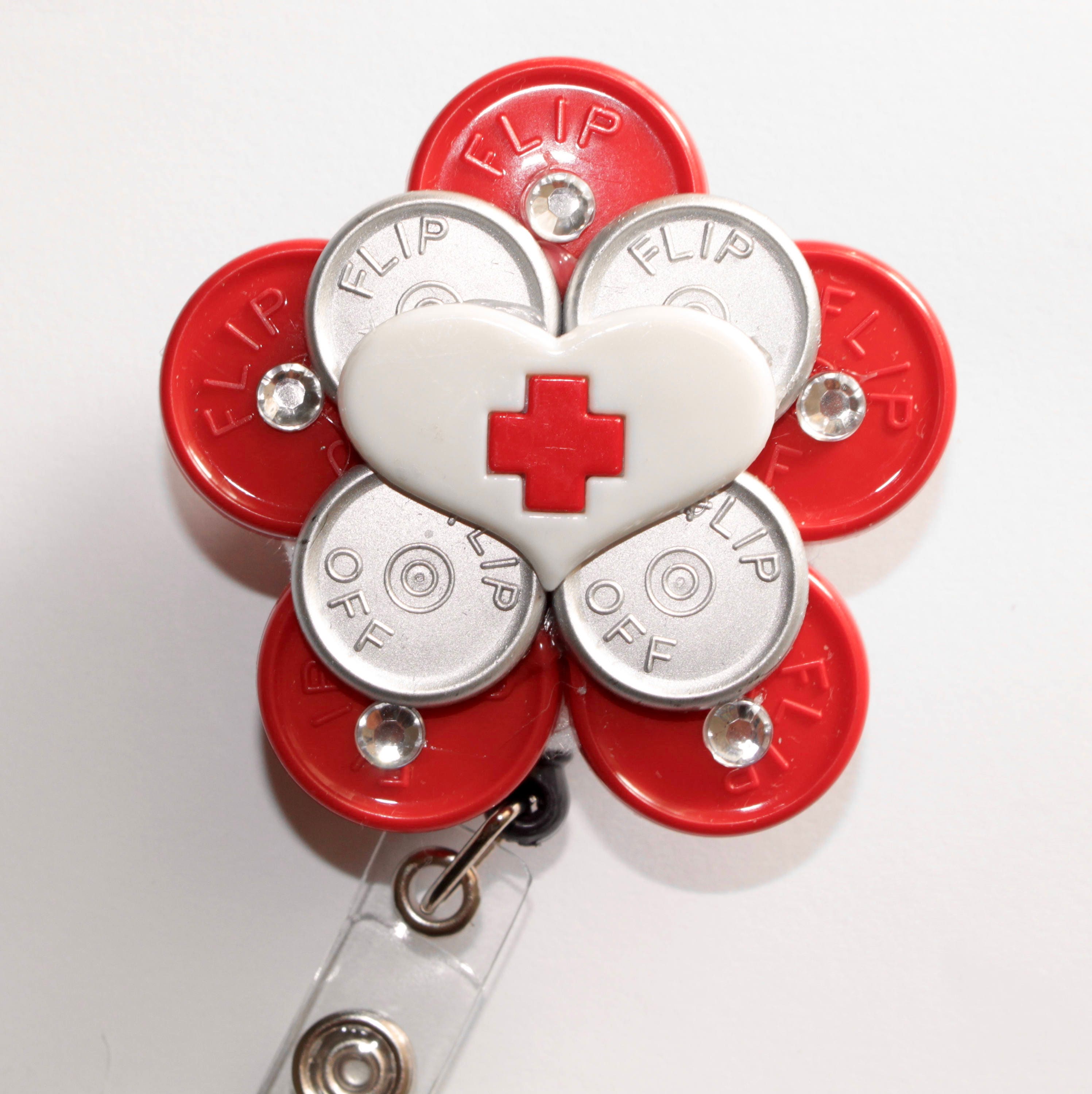 Red Cross medication vial caps id badge retractable reel