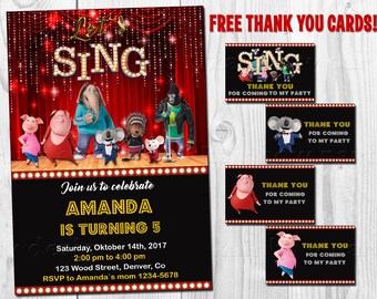 Sing invitation printable Sing birthday invitation Sing movie party favor tags First birthday outfit Sing thank you cards Party supplies