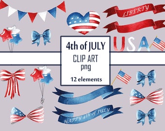 4th of july digital clipart American flag United States USA flag Fourth of july Independence day Heart clipart Digital ribbon Digital bows