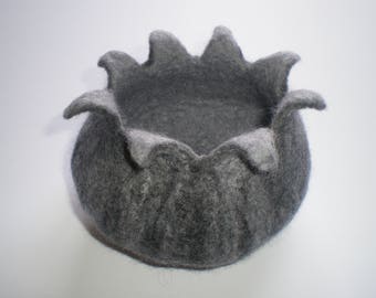 Grey giant poppy seed pod shaped felted bowl