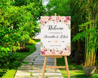 Wedding Welcome Sign Peach Pink Blush Burgundy Floral Peonies Boho Digital Wedding Sign Bohemian Bridal Wedding Welcome Poster WS-022