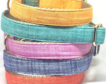 Adjustable dog collar, solid color, linen, fabric, classic, red, blue, pink, orange, metal buckle, high quality, classic, plain