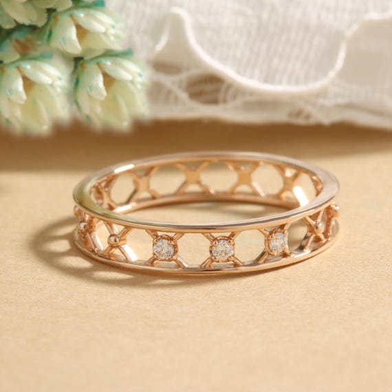 Art deco wedding band women rose gold Unique Vintage Double