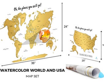 Free Two Day Shipping Included | Set of 2 | Watercolor World and United States Scratch Off Map Set | PERFECT GIFT for any travel enthusiast!