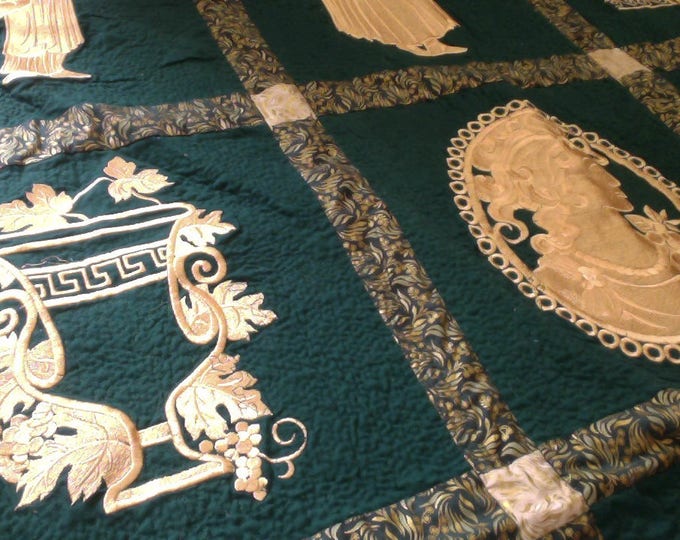 Award Winning Embroidered Grecian Garden Quilt In Gold and Green 76 in X 94 in, Green and Gold Embroidered Quilt Full Size, Green Quilt
