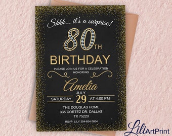 Elegant 80th Birthday Invitation-Digtial File