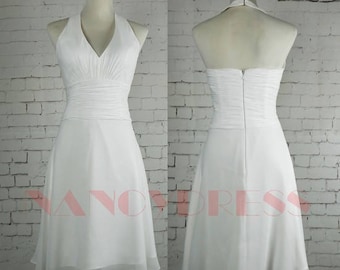 V Neck Bridesmaid Dress, White Short Dress, Chiffon Formal Dress, Short wedding Dress,A Line Prom Dress