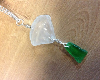 Green and clear sea glass Pendant with Silver Plated Chain, Beach Glass Jewellery, Green Glass, Clear Glass