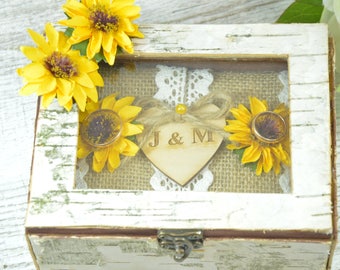 Sunflower Wedding Box Sunflower Ring Pillow Bearer Box Personalized Burlap Ring Bearer Pillow Garden Woodland Box Ring Pillow Alternative