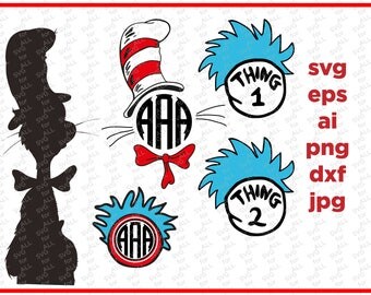 Cat in the hat svg, Dr seuss svg, dxf, Thing 1 Svg, Design/Silhouette Cameo/Cricut, Monogram Frame SVG Files for silhouette, svg for Cricut