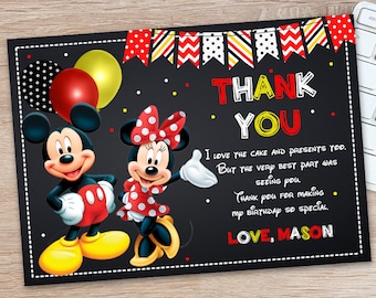 Minnie and Mickey Thank You Card - Mickey and Minnie Mouse Thank You Card - Red Minnie and Mickey Cards