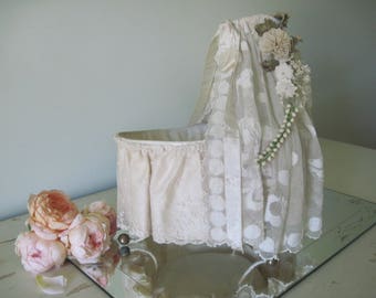 Antique French Doll Bassinet Cradle Bed w/ Silk, Lace and Floral Garland Crown c1900 Bed Canopy, Shabby Decor, Nordic Style